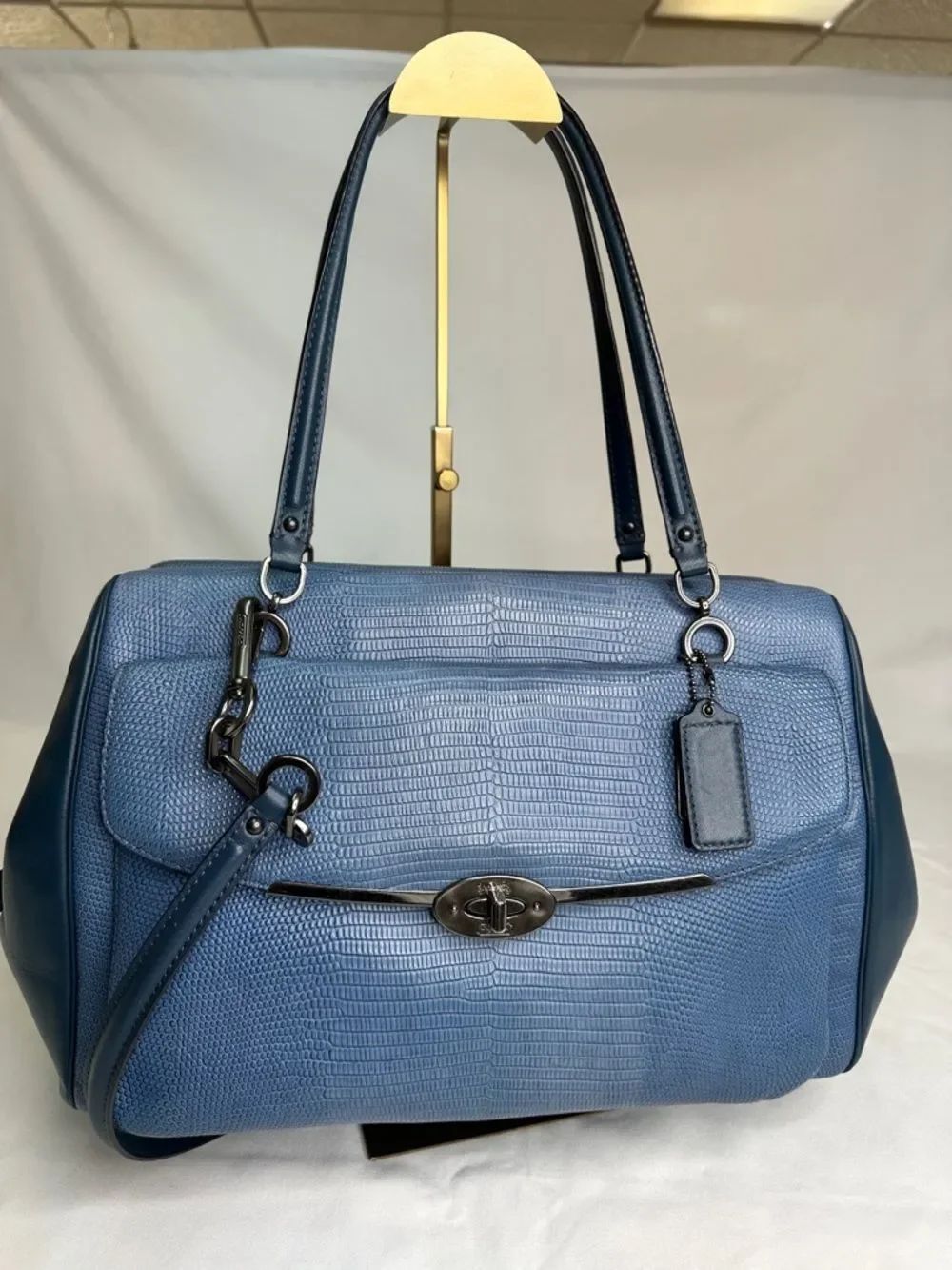 Coach Navy Textured Leather Satchel with Turn-Lock